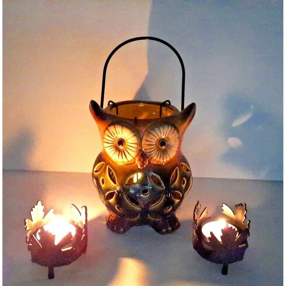 Rite Aid Home Owl Tealight Lantern & Metal Leaf Candle Holders Set Brown Orange